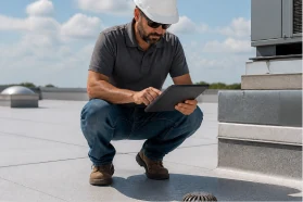 A roofer examining the surface of a commercial flat roof.