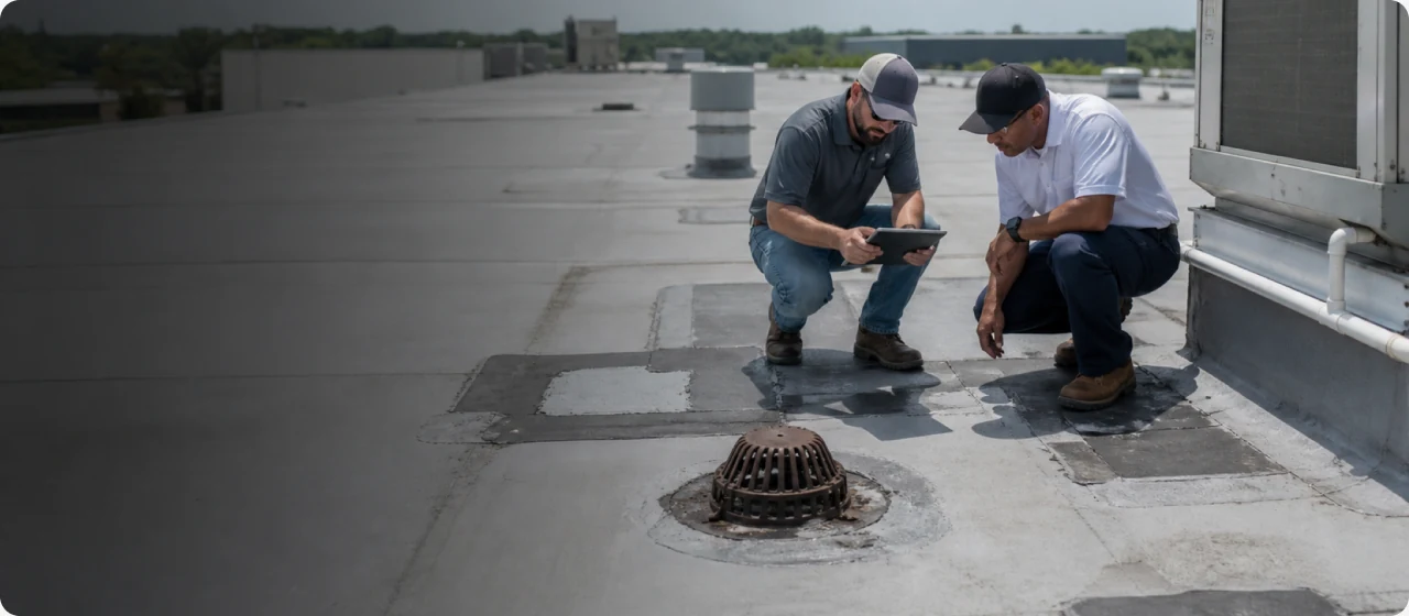Two contractors crouching to inspect a commercial roof surface.