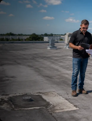 A contractor standing on a commercial flat roof.
