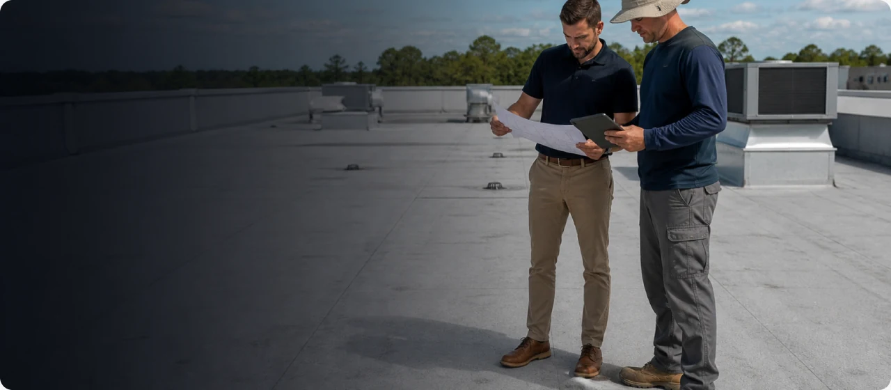 Two people reviewing roof conditions on a commercial building.