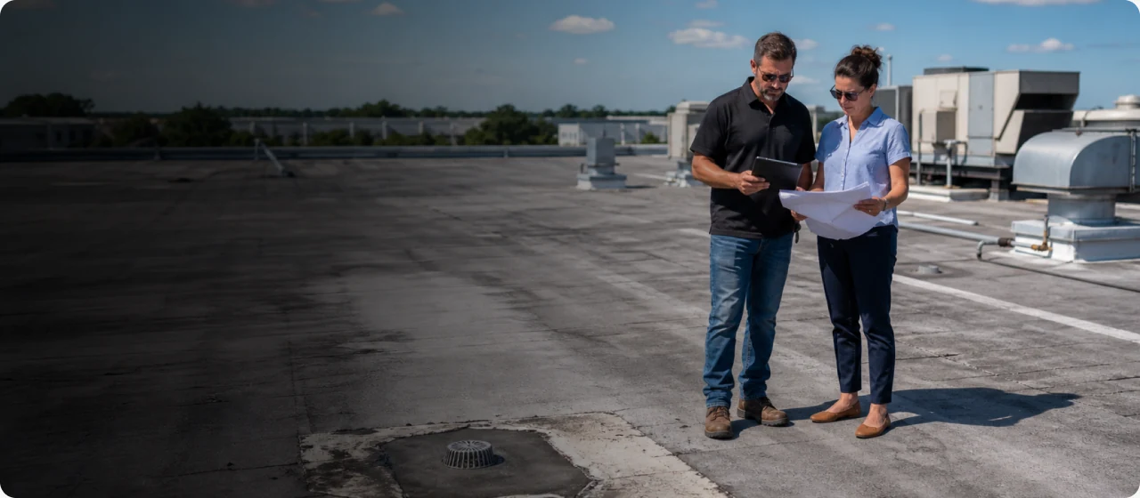 Two people reviewing roof conditions on a commercial building.