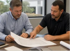 A contractor and customer reviewing a roofing estimate at a table.