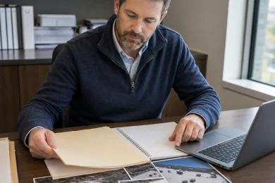 A contractor reviewing project paperwork at a desk.