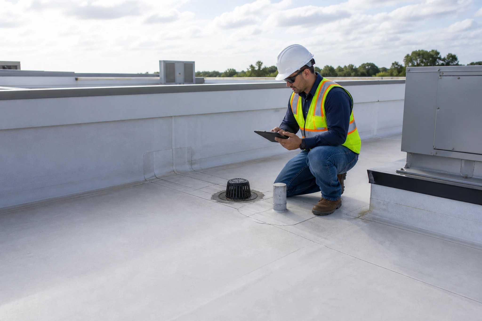 A roofer examining the surface of a commercial flat roof.