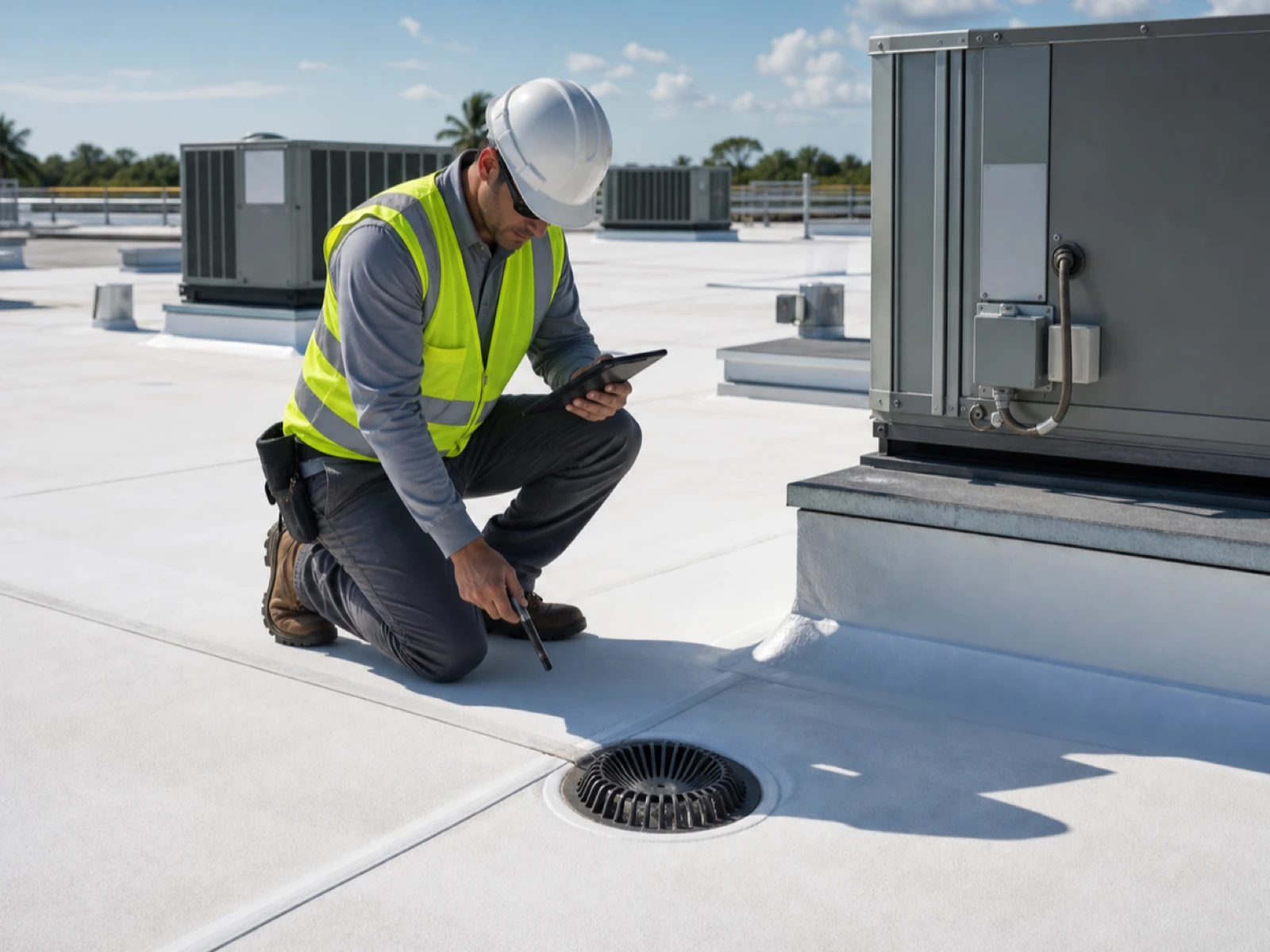 A roofer kneeling beside a drain on a commercial membrane roof.