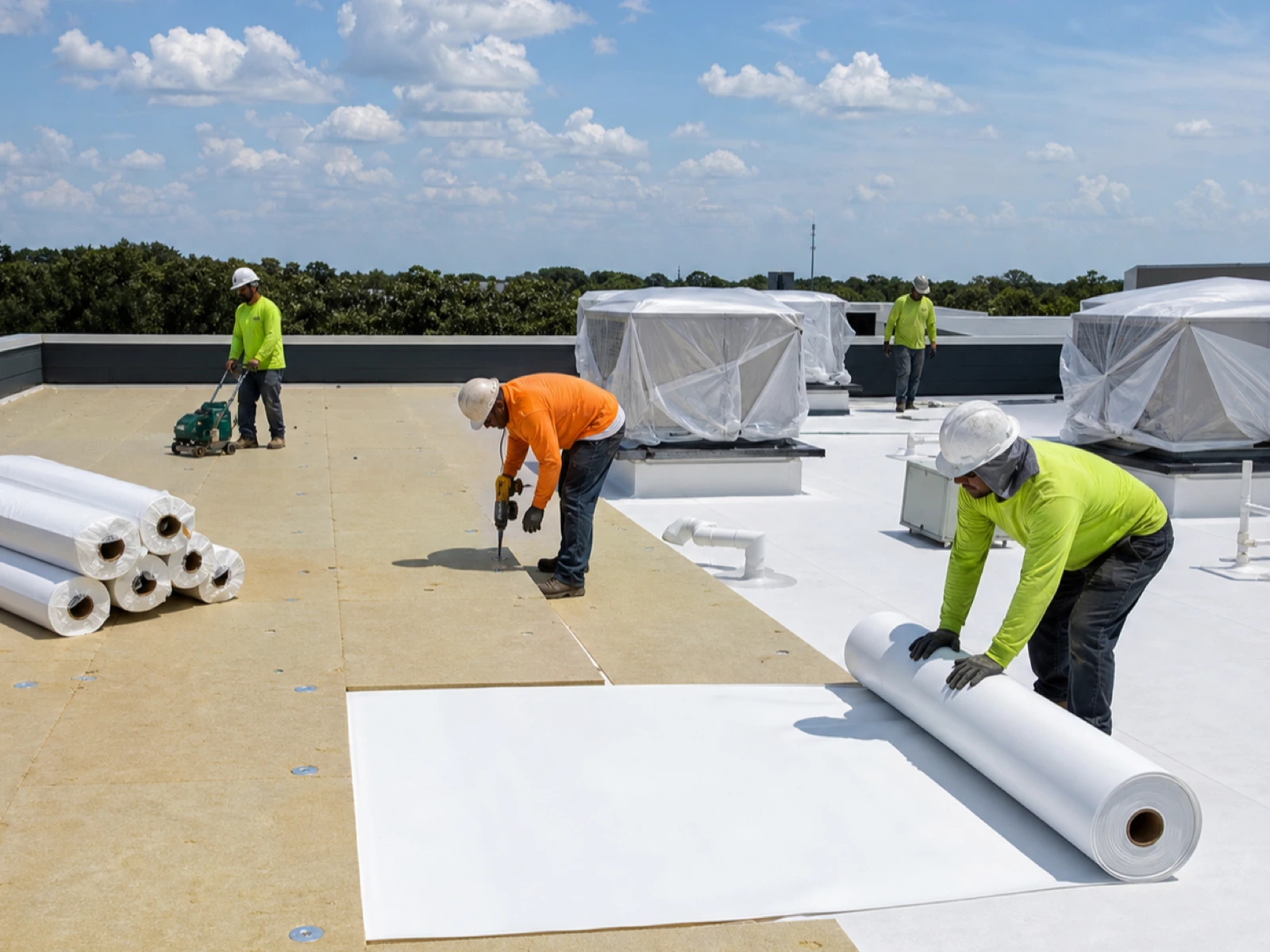 Roofing crew installing white membrane on a commercial roof.