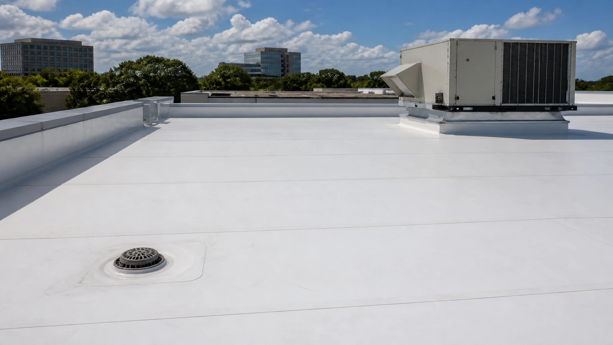 White commercial roof membrane with seams and rooftop equipment.