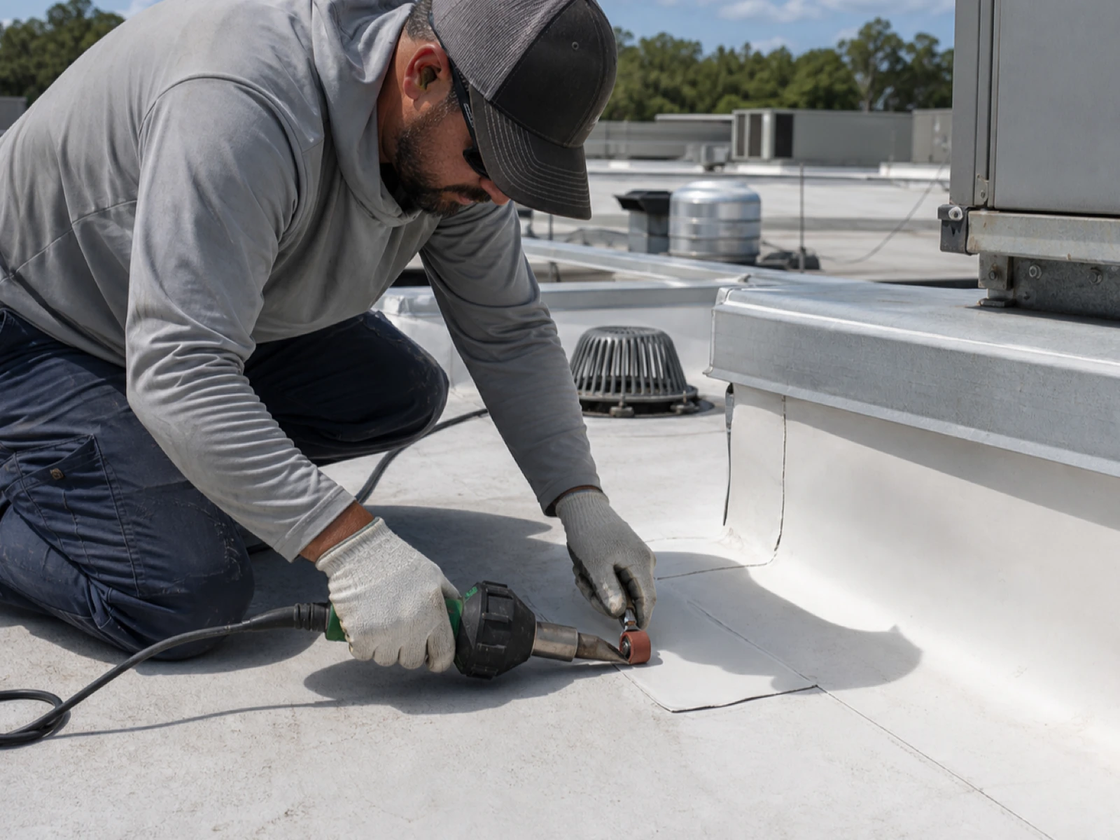 A roofer working on a membrane seam on a flat roof.
