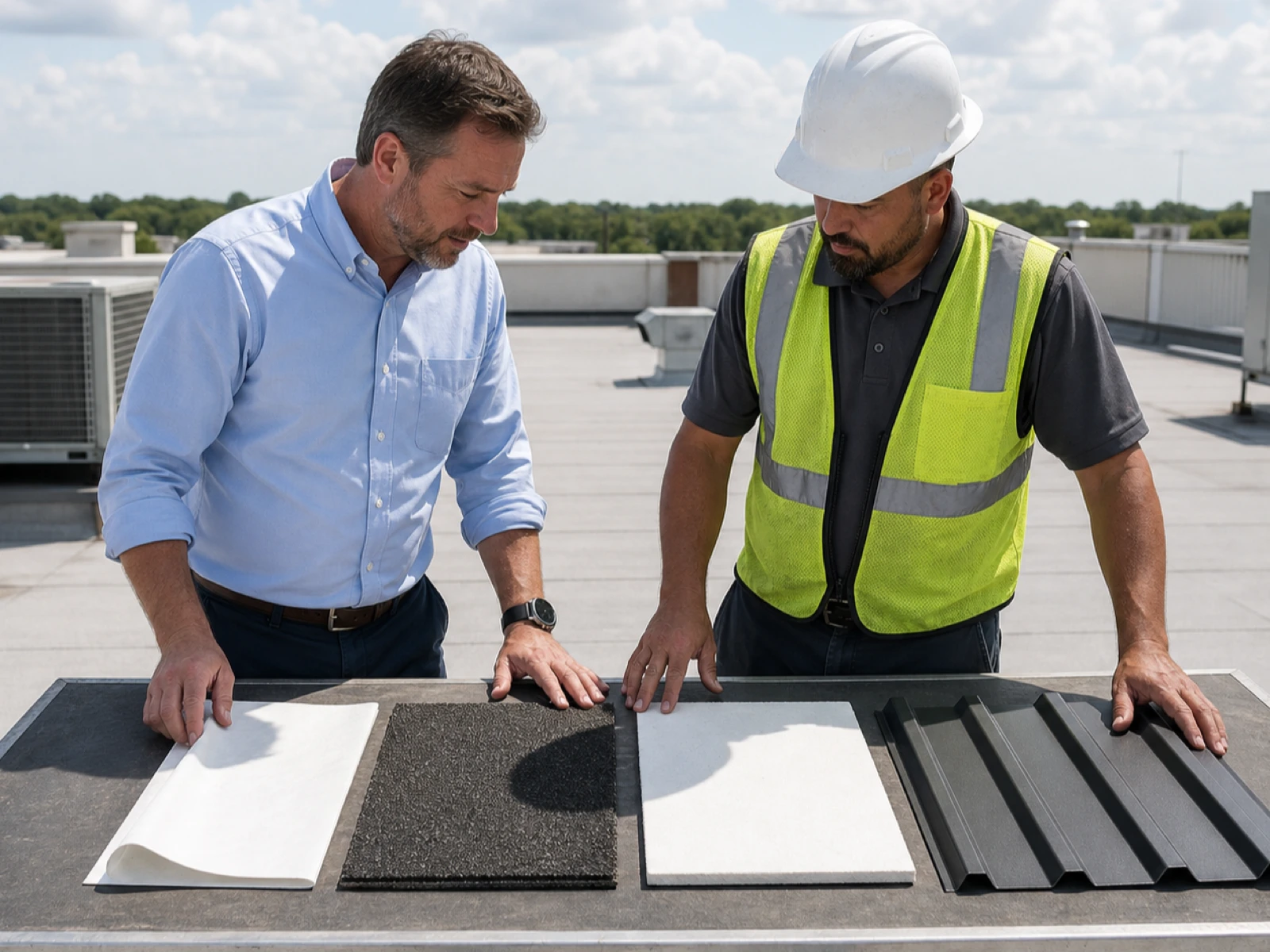 Two people comparing roofing material samples on a table.
