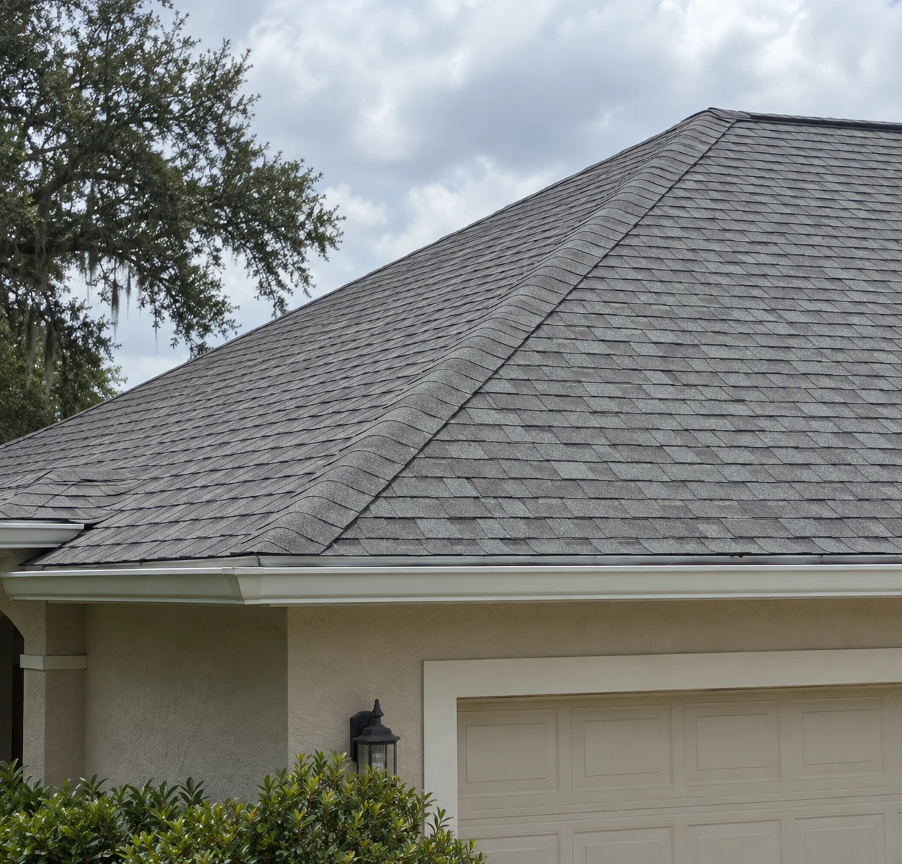 Shingle roof above a garage.