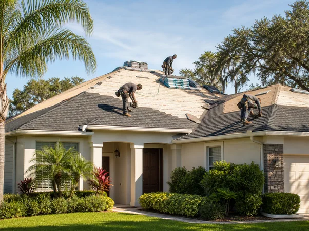 A house with a completed shingle roof and a covered front entrance.