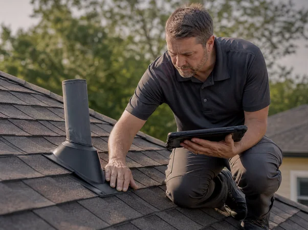 A roofer crouching to examine shingles on a residential roof.