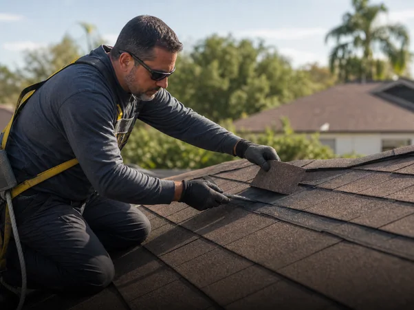 A roofer checking a lifted section of shingles on a sloped roof.