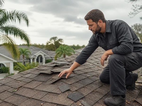 A roofer examining loose shingles on a residential roof.