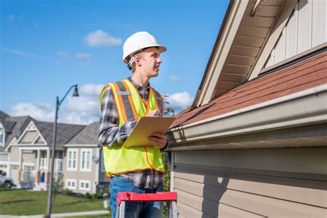 A contractor inspecting the gutter along the edge of a house roof.