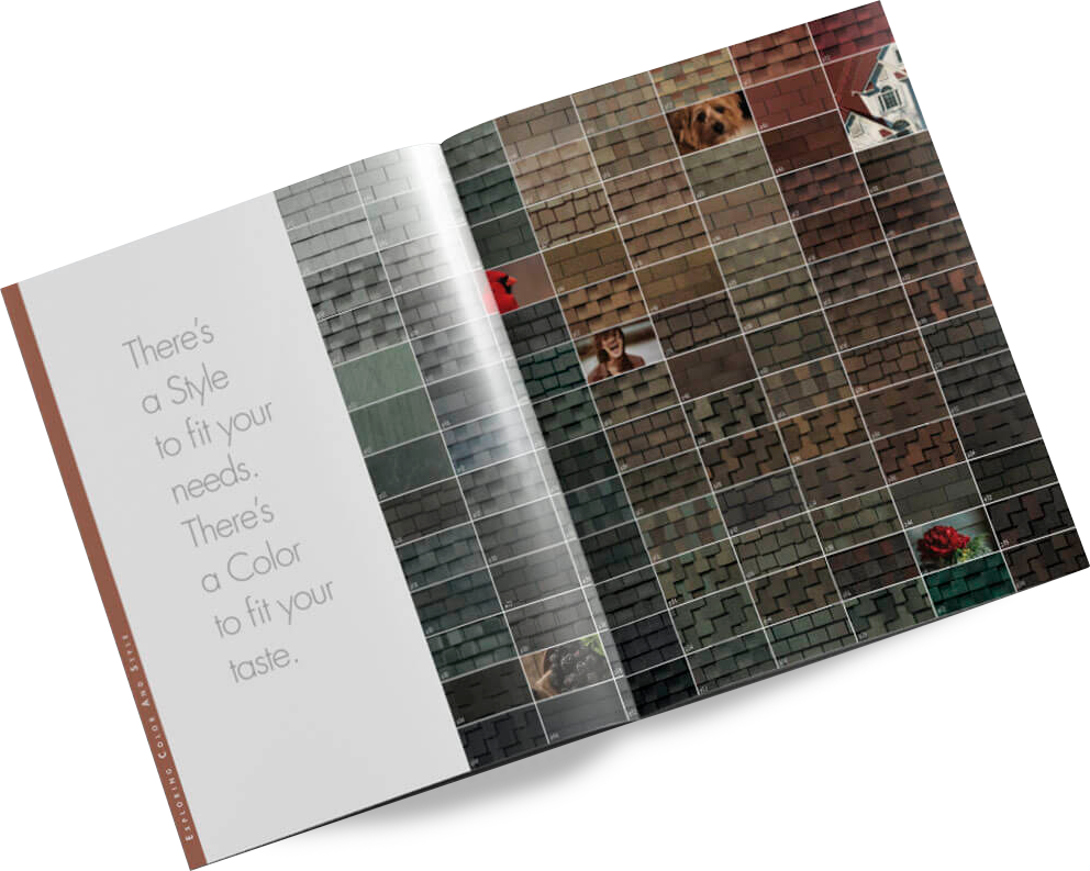 Roofing brochure showing a selection of shingle colors.