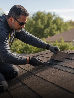 A roofer checking a lifted section of shingles on a sloped roof.