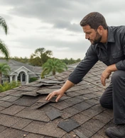 A roofer examining loose shingles on a residential roof.