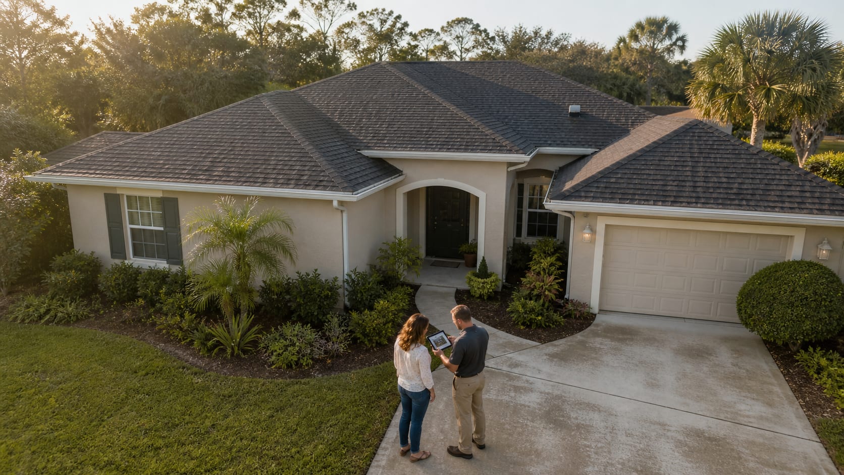 A house with a shingle roof, attached garage and landscaped front yard.