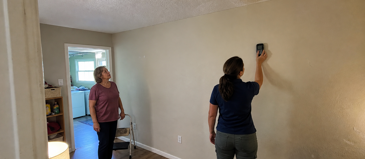 Two people examining a ceiling inside a room.