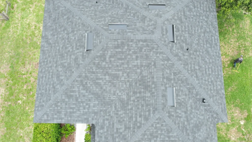 Overhead aerial view of the completed Onyx Black Owens Corning Duration roof in Apopka