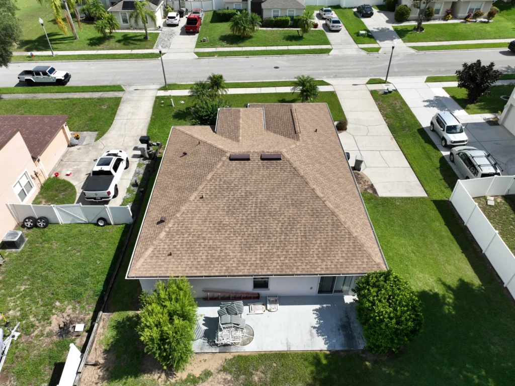 Overhead aerial view of the completed architectural shingle roof in Apopka