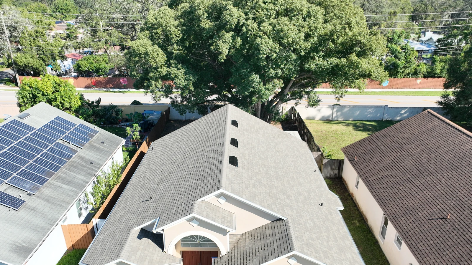 Roof-focused aerial view of the completed Owens Corning roof at Bear Lake