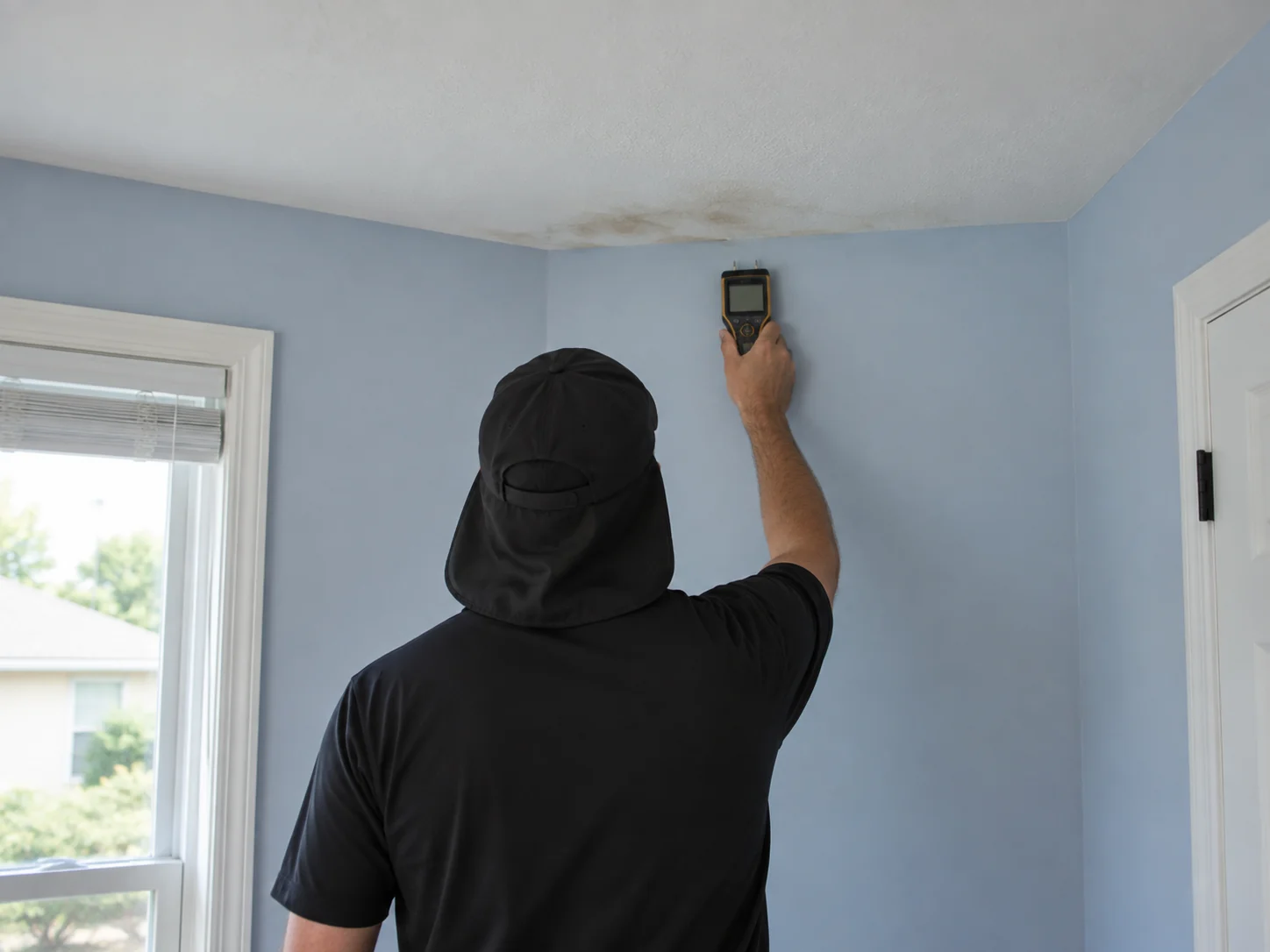 An inspector viewed from behind checks an upper wall with a moisture meter.