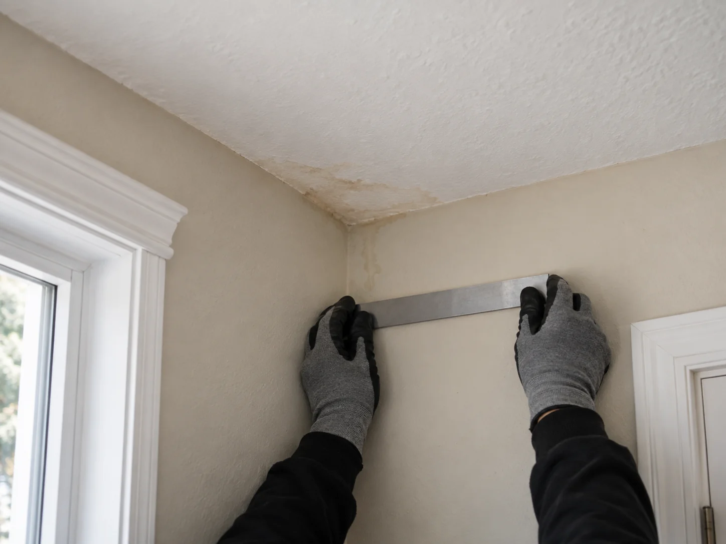 Gloved hands assess a small stained area at a ceiling-wall junction.