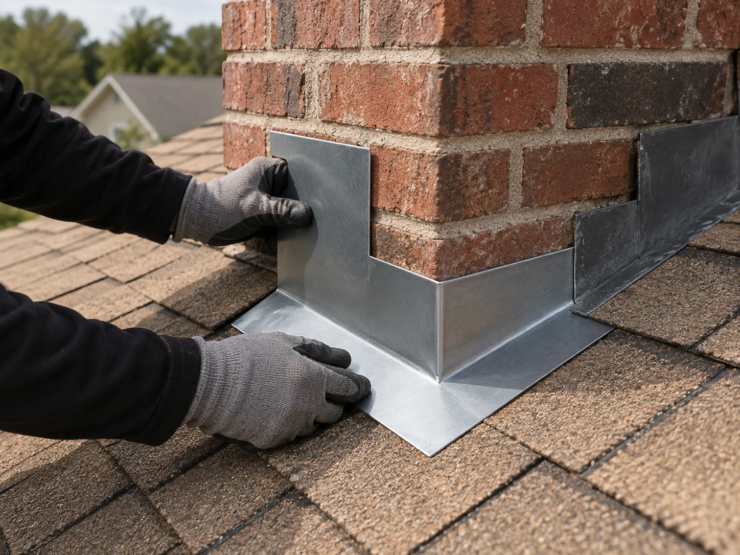 Gloved hands fit a flashing piece at the lower corner of a chimney.