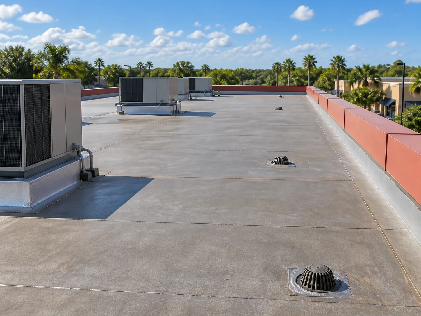 Commercial retail roof with HVAC curbs, drains and red parapet coping.