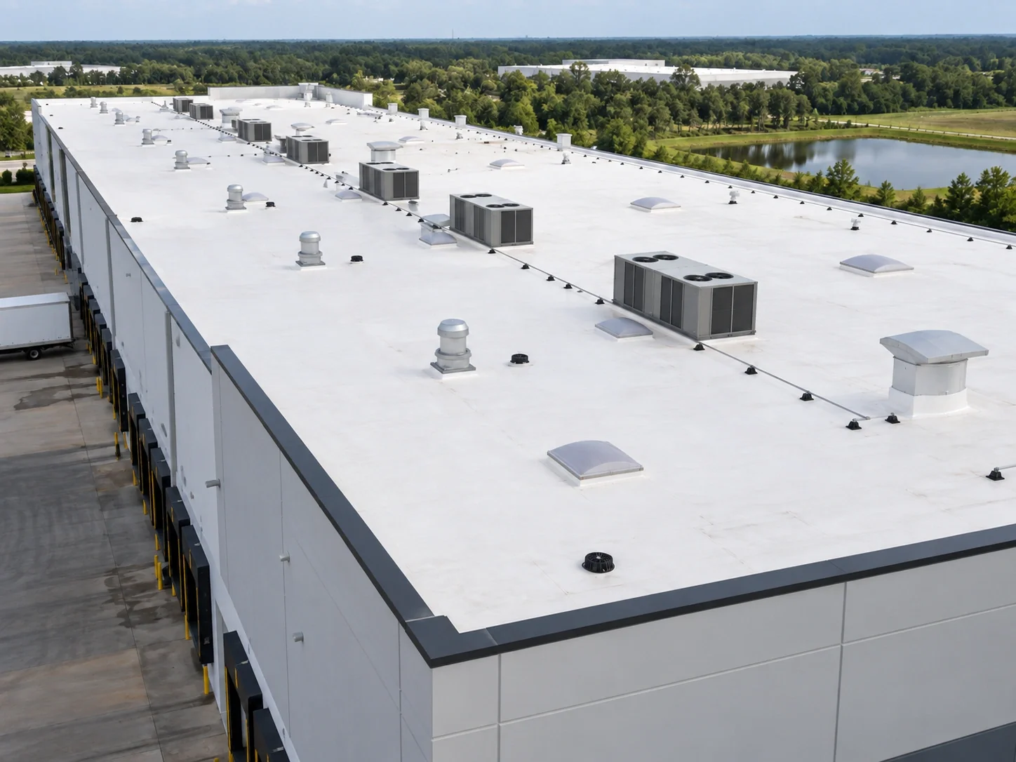 Large commercial flat roof with equipment aisles and drainage points.