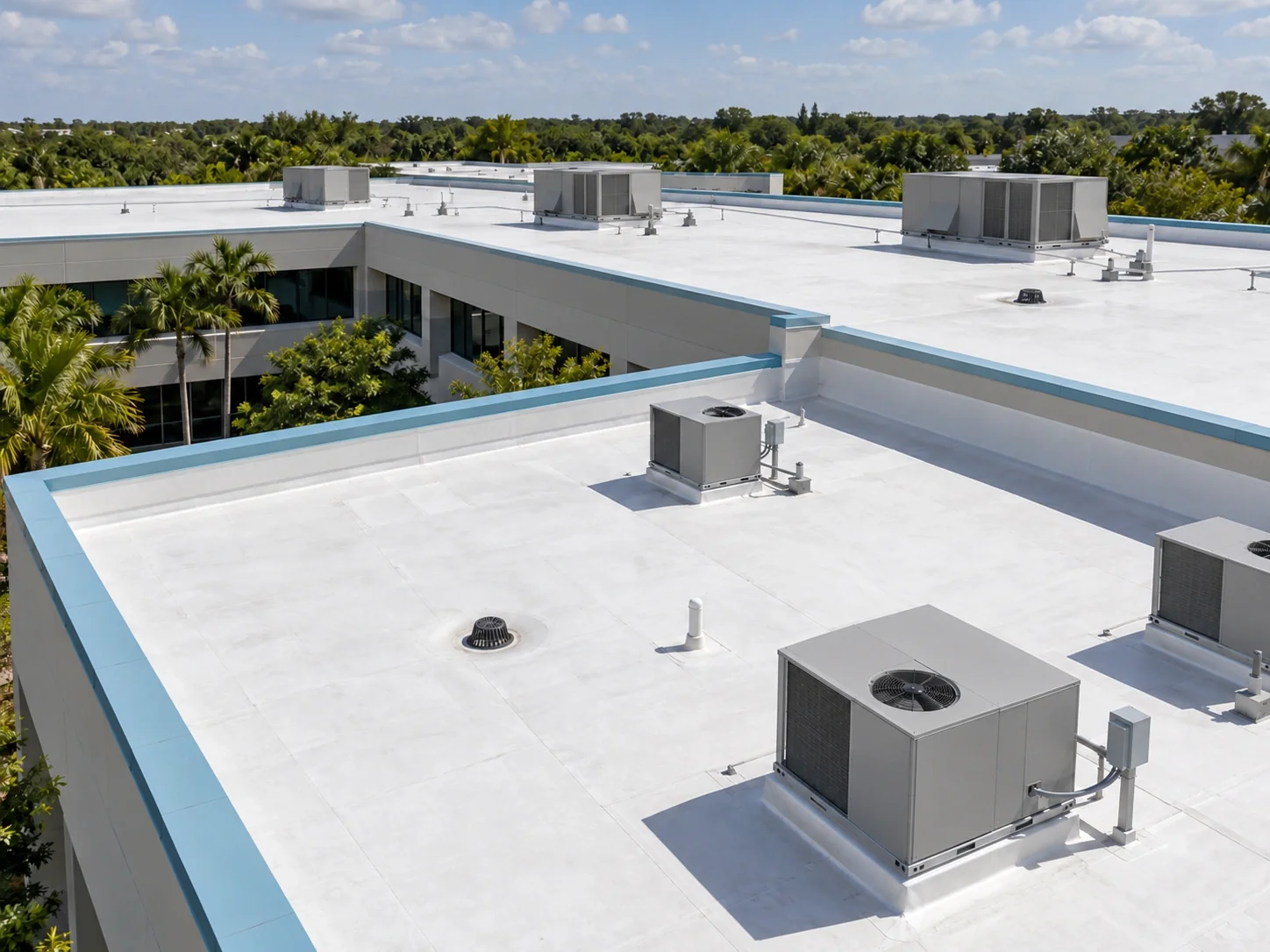 Stepped commercial flat roofs with parapets, drains and rooftop equipment.