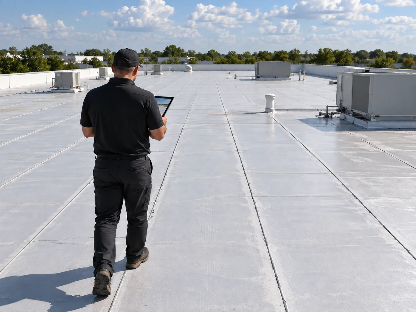 Inspector viewed from behind surveying seams across a warehouse roof.