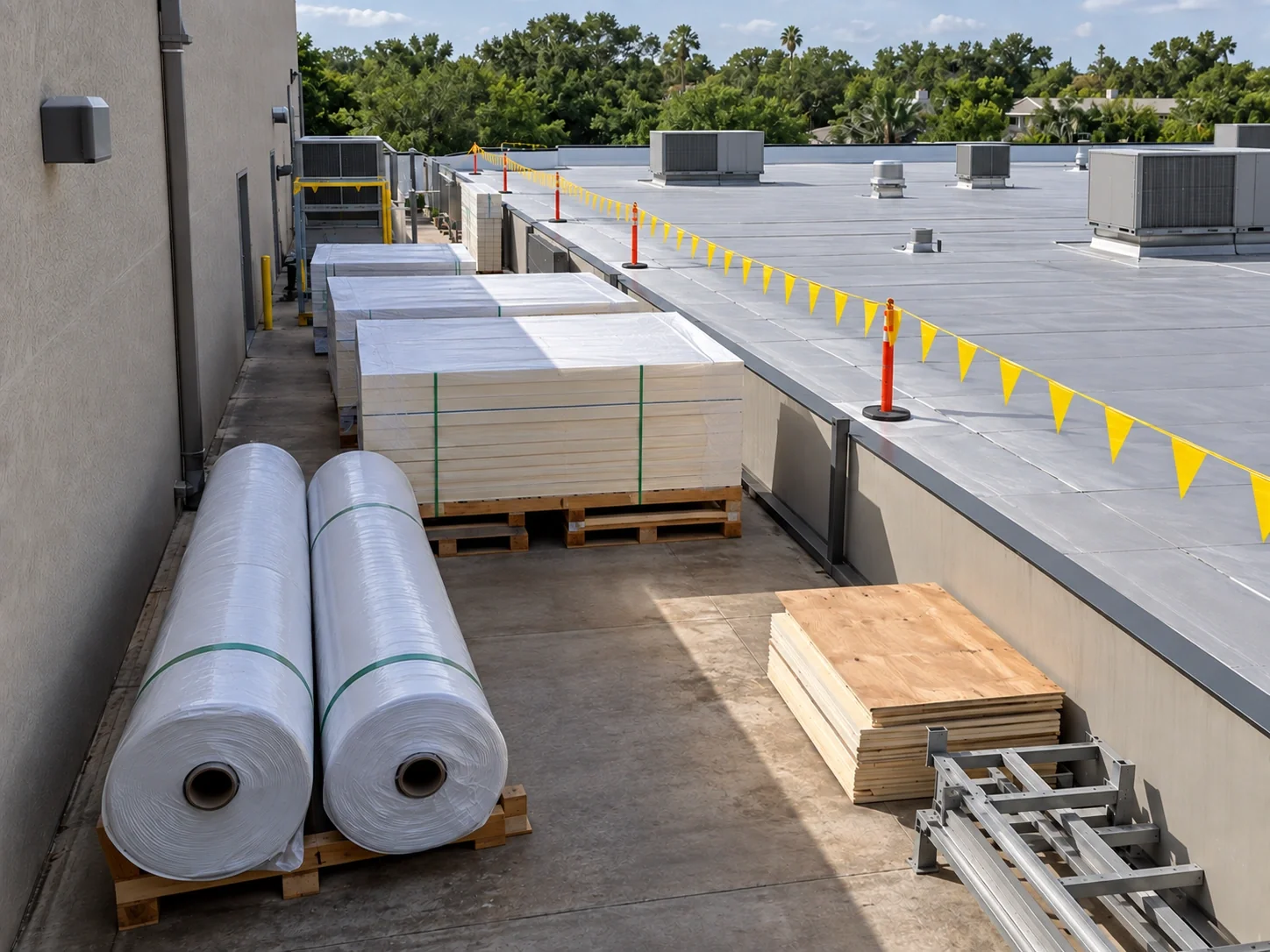 Membrane rolls and insulation packs in a roof staging bay.