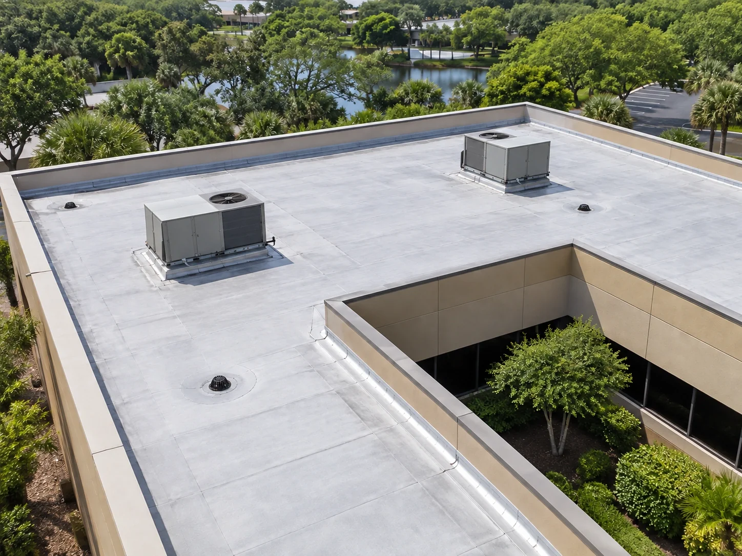 L-shaped commercial flat roof with HVAC curbs and drain locations.