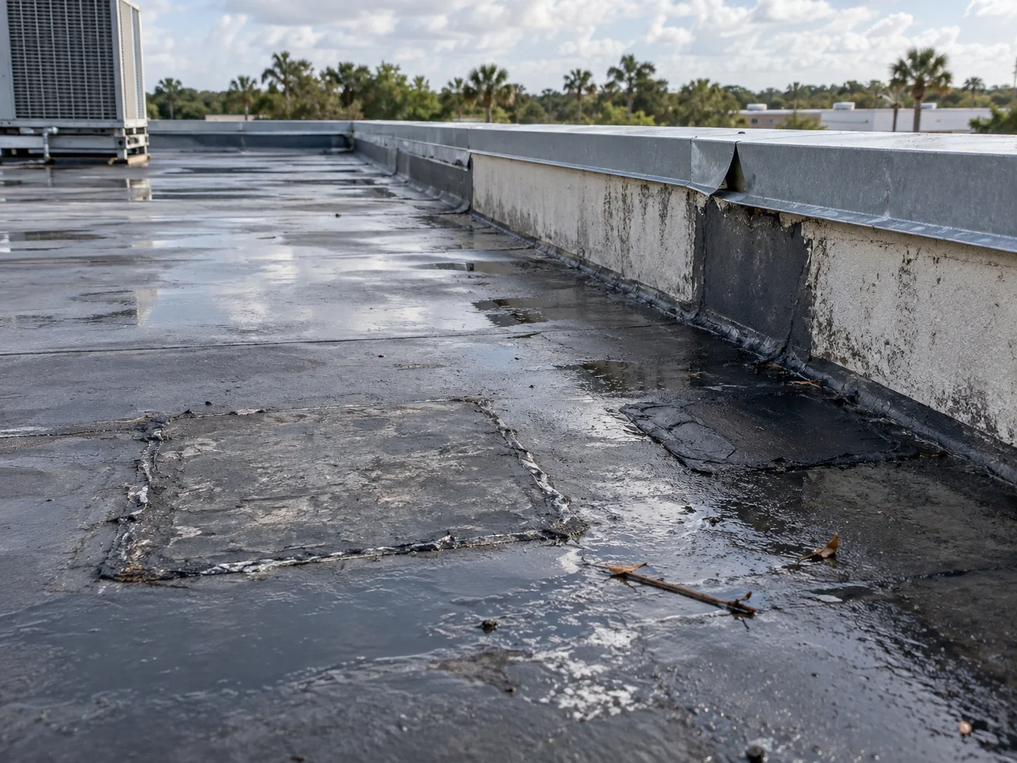 Older membrane patches and a lifted flashing edge with small storm debris.