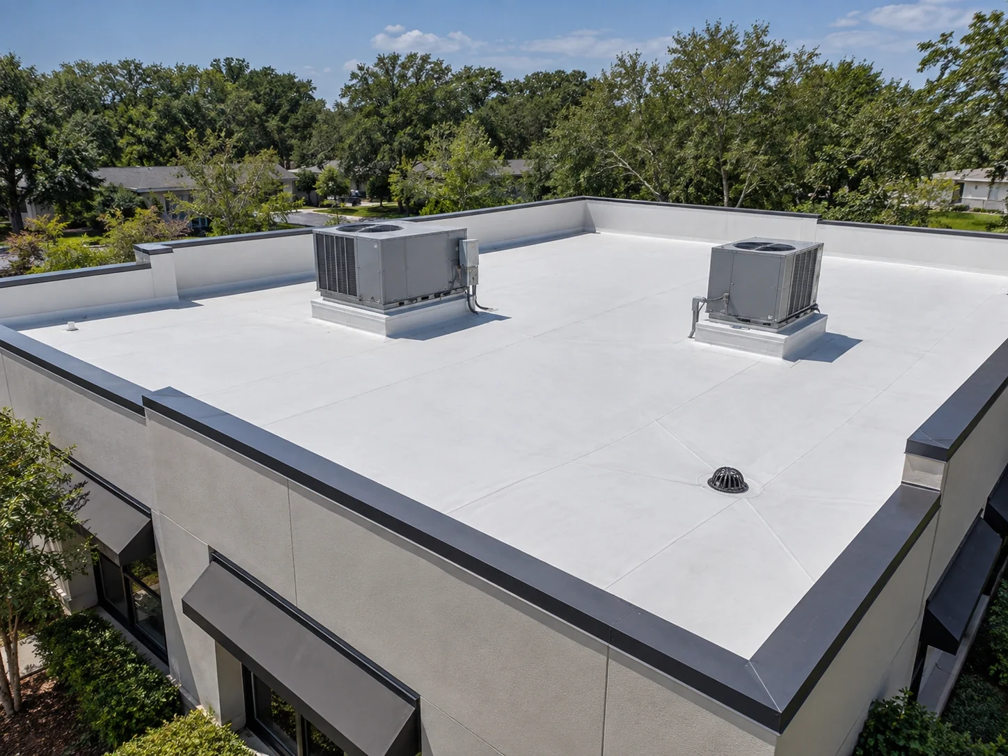 Commercial low-slope roof with a drain and HVAC curbs.