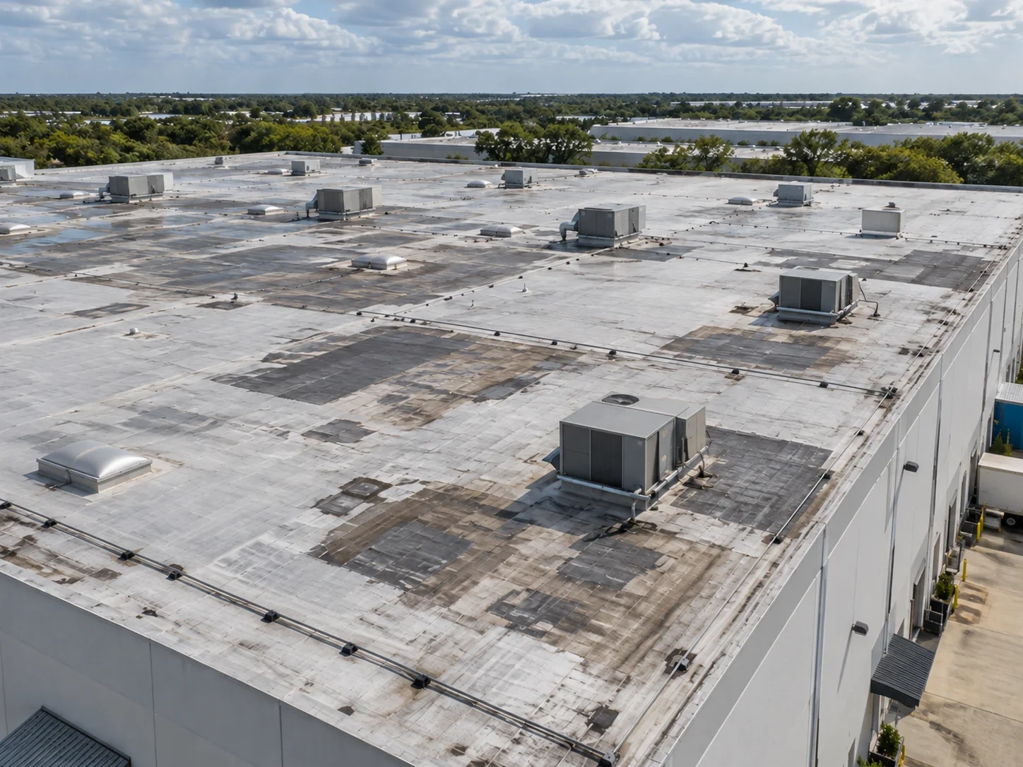 Aging warehouse roof with repair patches across several roof bays.