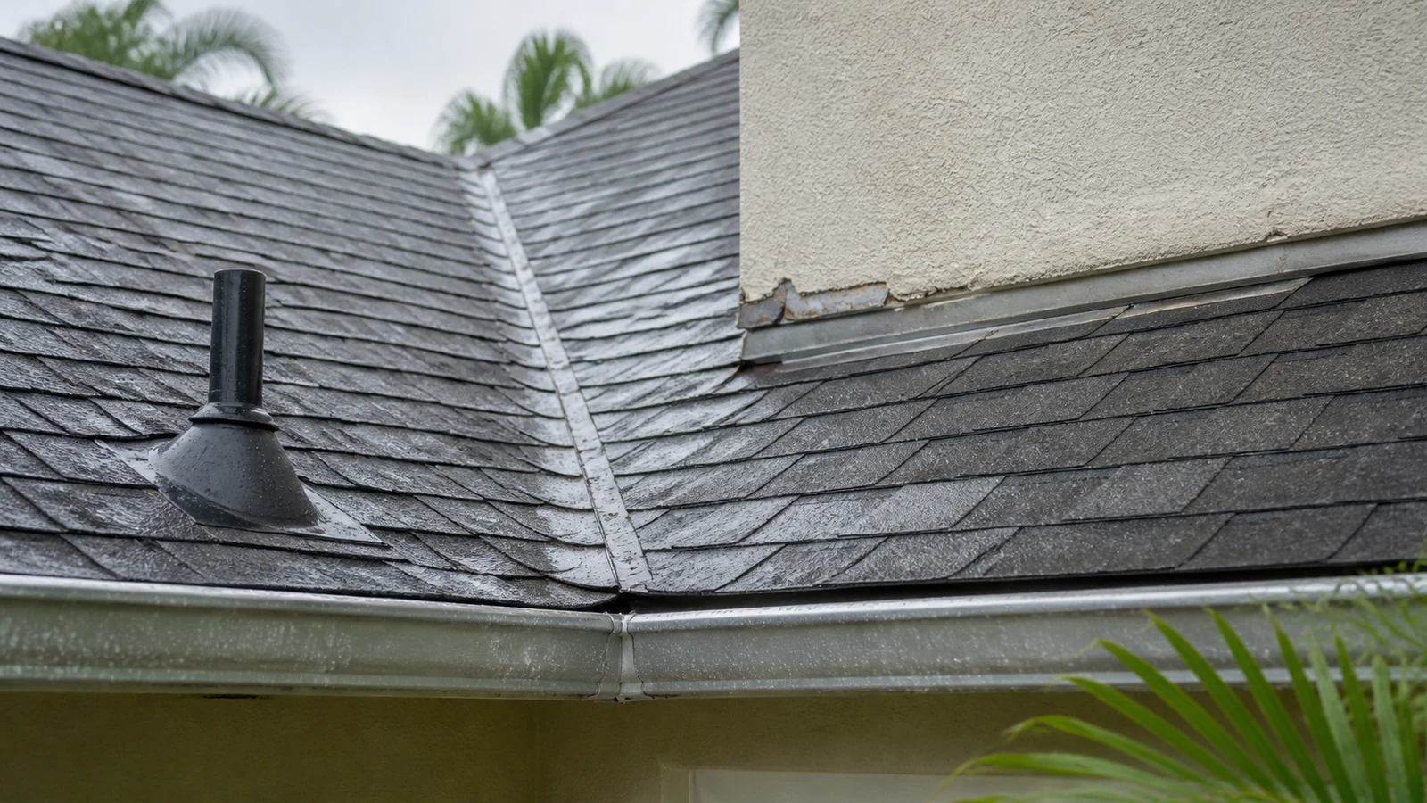 Wet roof valley, vent boot and wall flashing on a Florida shingle roof