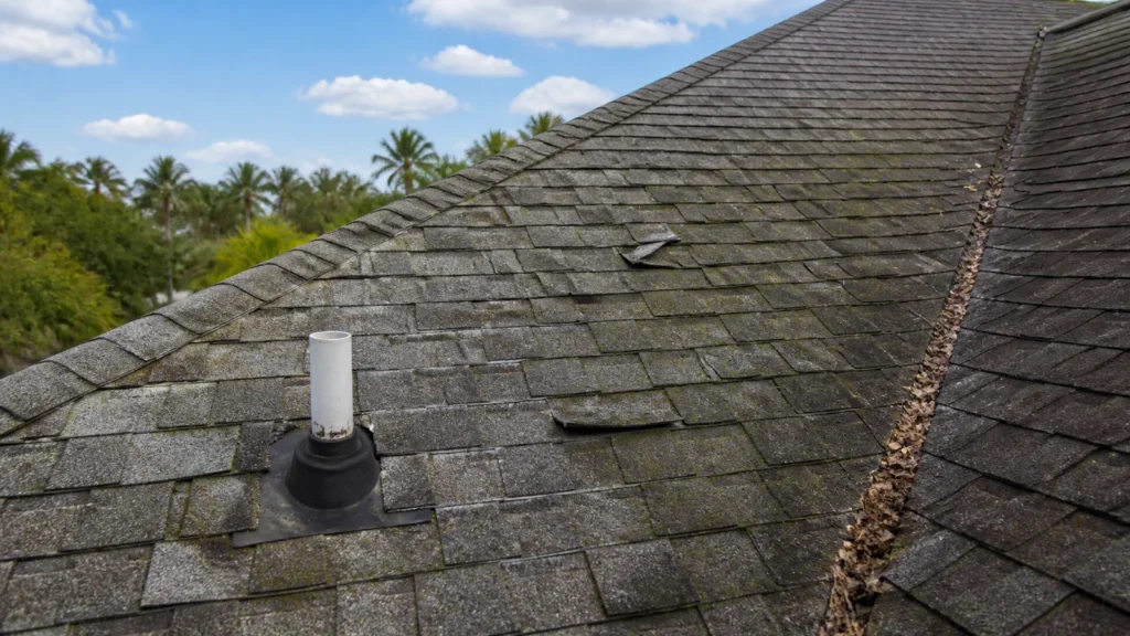 Florida shingle roof with algae staining, lifted edges, valley debris and a worn pipe boot