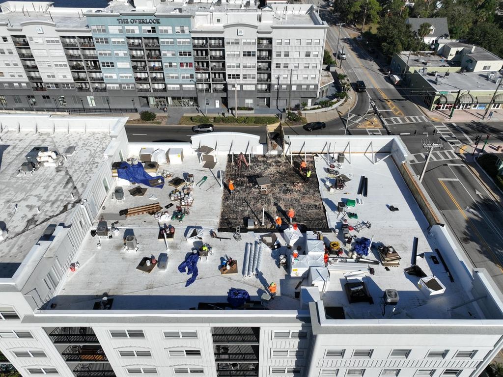 TPO roof installation in progress on the Daytona commercial building