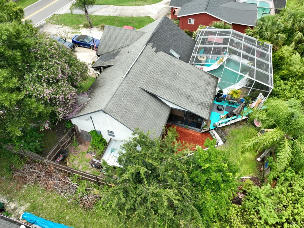 Rear aerial view of the completed DeBary roof