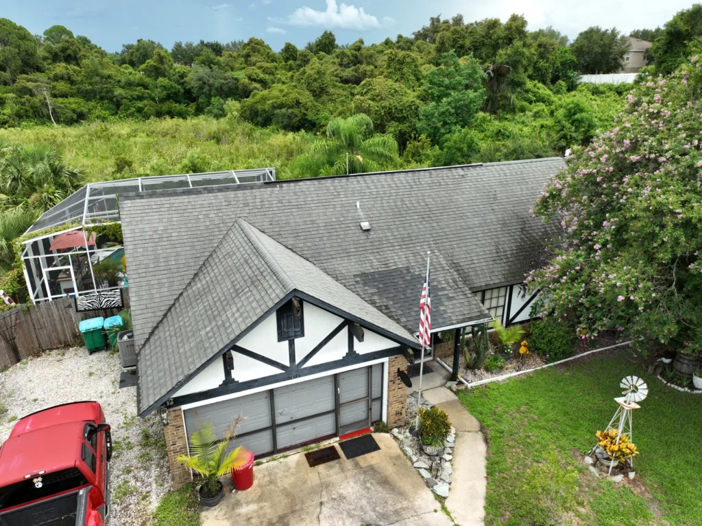 Front aerial view of the completed DeBary shingle roof