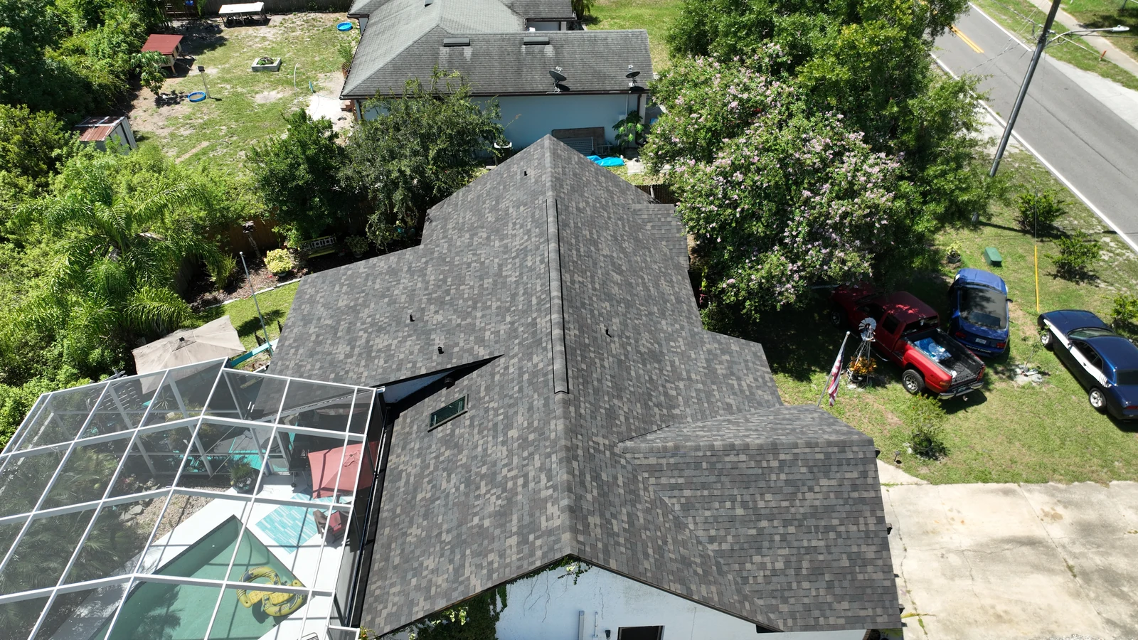 Oblique aerial view of the completed DeBary roof and skylight