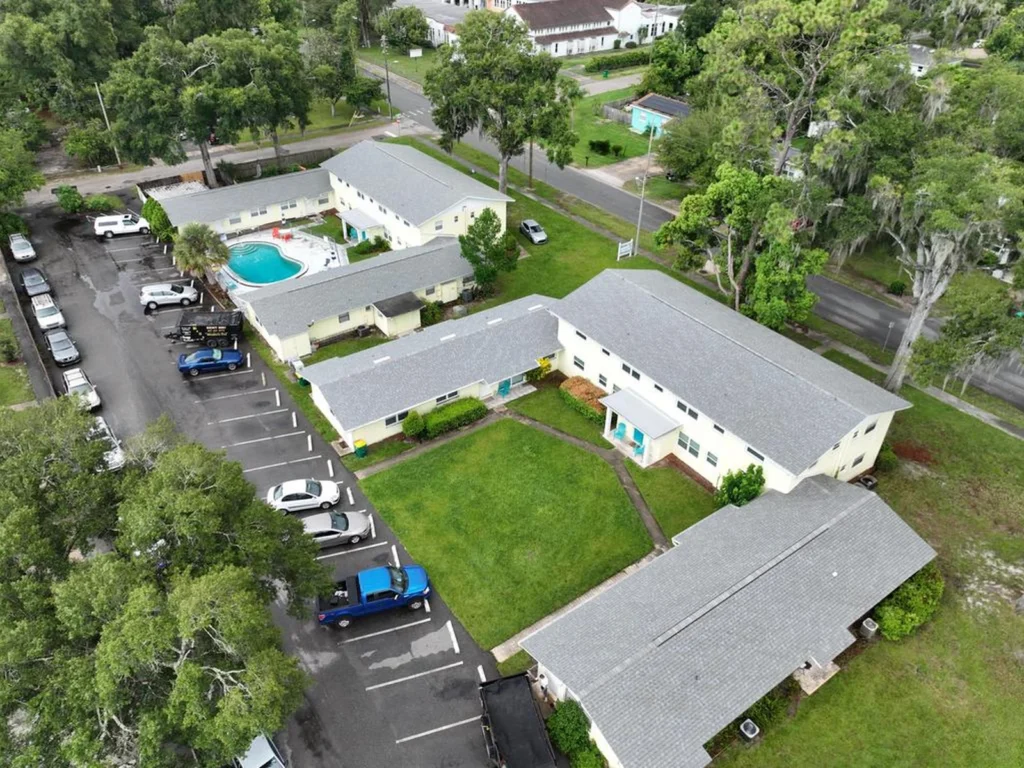 Oblique aerial view of the five completed DeLand roofs