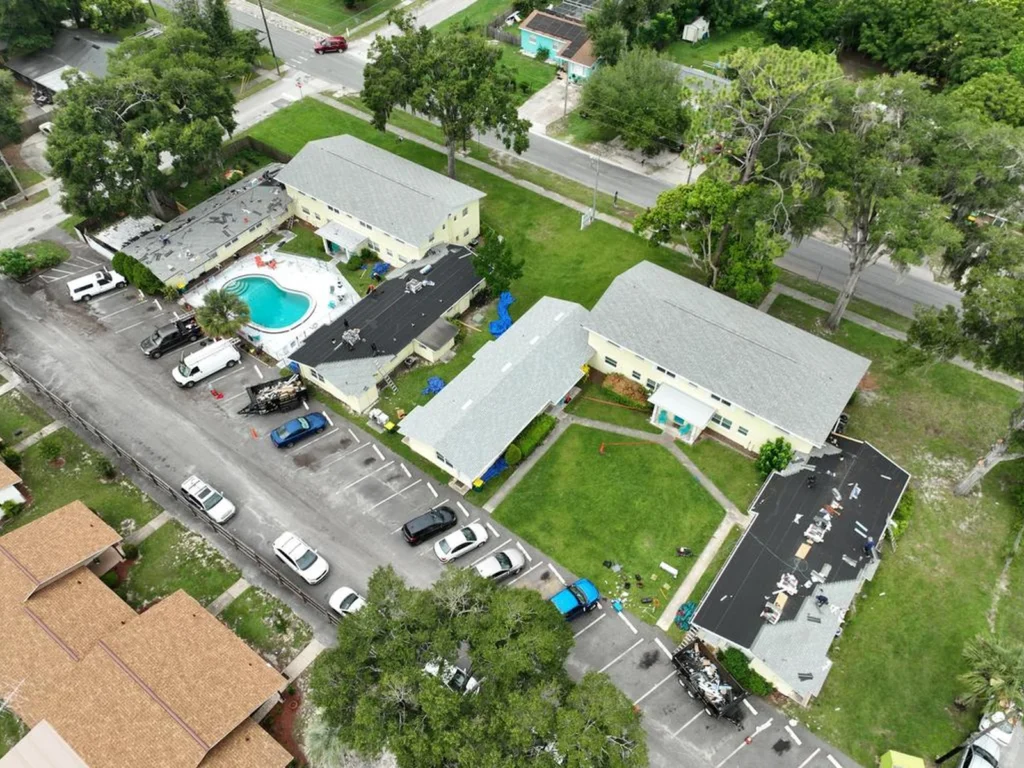 Aerial view of work progressing across the five DeLand roofs