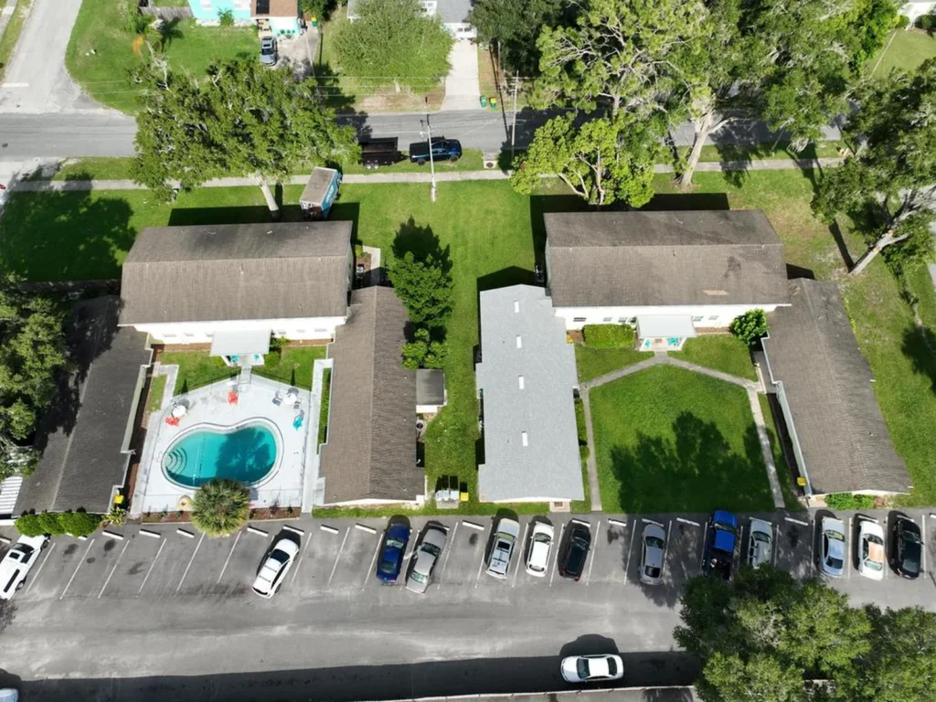 Overhead aerial view of the DeLand property before roof replacement