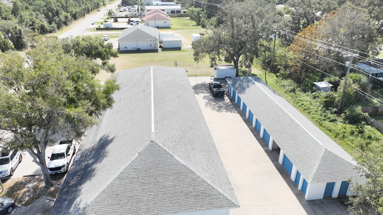 Wide aerial view of the completed Edgewater storage-facility roofs