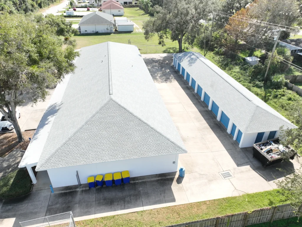 Rear aerial view of both completed Edgewater storage-facility roofs
